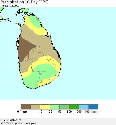 Sri Lanka Precipitation 10-Day (CPC) Thematic Map For 8/6/2023 - 8/15/2023