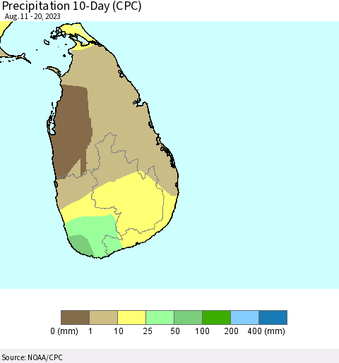 Sri Lanka Precipitation 10-Day (CPC) Thematic Map For 8/11/2023 - 8/20/2023