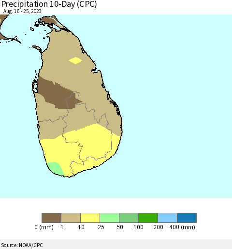 Sri Lanka Precipitation 10-Day (CPC) Thematic Map For 8/16/2023 - 8/25/2023