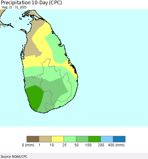 Sri Lanka Precipitation 10-Day (CPC) Thematic Map For 8/21/2023 - 8/31/2023