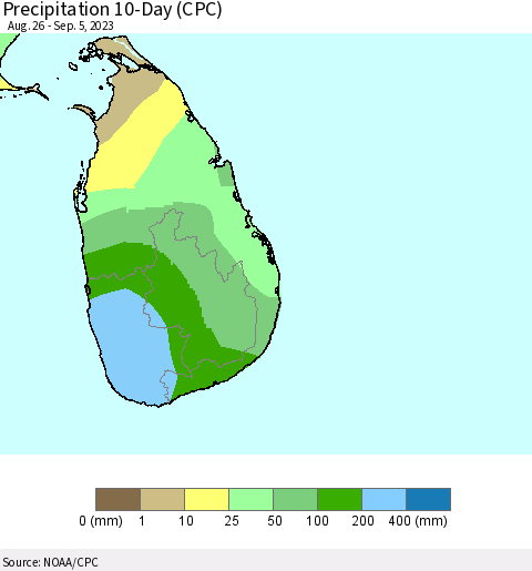 Sri Lanka Precipitation 10-Day (CPC) Thematic Map For 8/26/2023 - 9/5/2023