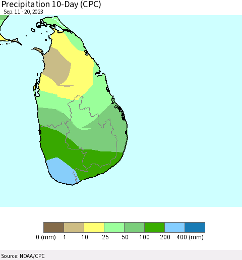 Sri Lanka Precipitation 10-Day (CPC) Thematic Map For 9/11/2023 - 9/20/2023