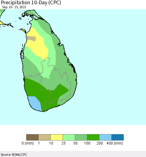 Sri Lanka Precipitation 10-Day (CPC) Thematic Map For 9/16/2023 - 9/25/2023