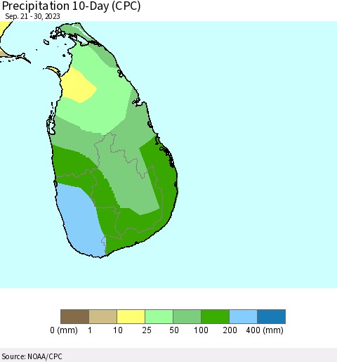 Sri Lanka Precipitation 10-Day (CPC) Thematic Map For 9/21/2023 - 9/30/2023