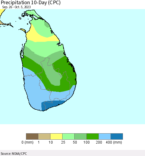 Sri Lanka Precipitation 10-Day (CPC) Thematic Map For 9/26/2023 - 10/5/2023
