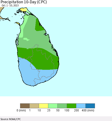 Sri Lanka Precipitation 10-Day (CPC) Thematic Map For 10/1/2023 - 10/10/2023