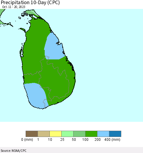 Sri Lanka Precipitation 10-Day (CPC) Thematic Map For 10/11/2023 - 10/20/2023