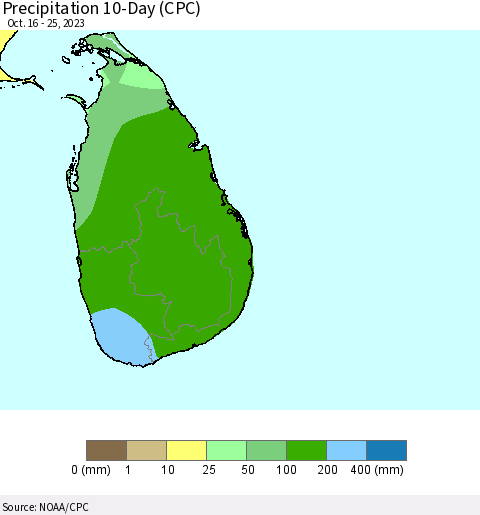Sri Lanka Precipitation 10-Day (CPC) Thematic Map For 10/16/2023 - 10/25/2023