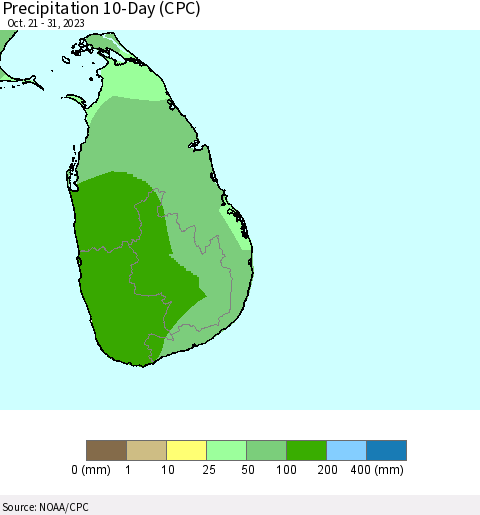 Sri Lanka Precipitation 10-Day (CPC) Thematic Map For 10/21/2023 - 10/31/2023