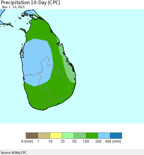 Sri Lanka Precipitation 10-Day (CPC) Thematic Map For 11/1/2023 - 11/10/2023