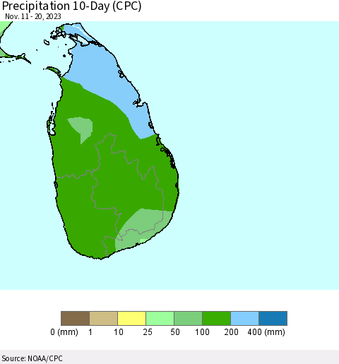 Sri Lanka Precipitation 10-Day (CPC) Thematic Map For 11/11/2023 - 11/20/2023