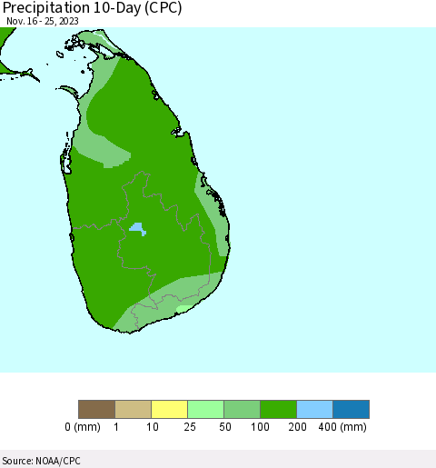Sri Lanka Precipitation 10-Day (CPC) Thematic Map For 11/16/2023 - 11/25/2023