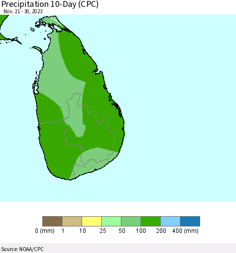 Sri Lanka Precipitation 10-Day (CPC) Thematic Map For 11/21/2023 - 11/30/2023