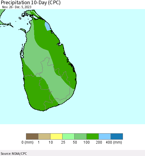 Sri Lanka Precipitation 10-Day (CPC) Thematic Map For 11/26/2023 - 12/5/2023