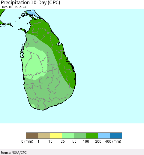 Sri Lanka Precipitation 10-Day (CPC) Thematic Map For 12/16/2023 - 12/25/2023