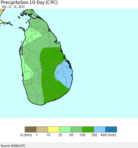 Sri Lanka Precipitation 10-Day (CPC) Thematic Map For 12/21/2023 - 12/31/2023