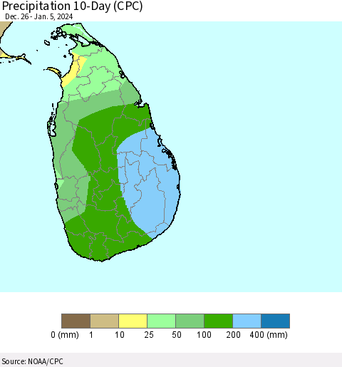 Sri Lanka Precipitation 10-Day (CPC) Thematic Map For 12/26/2023 - 1/5/2024