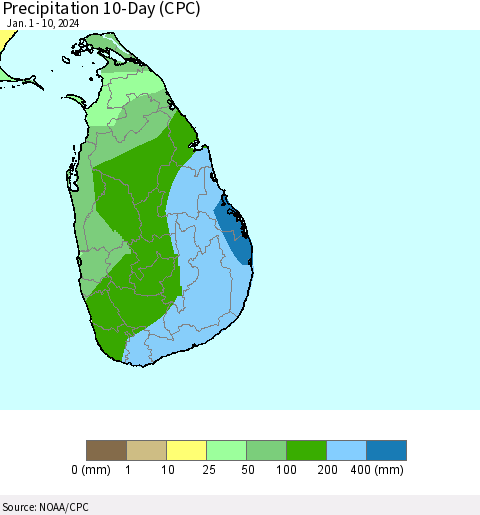 Sri Lanka Precipitation 10-Day (CPC) Thematic Map For 1/1/2024 - 1/10/2024