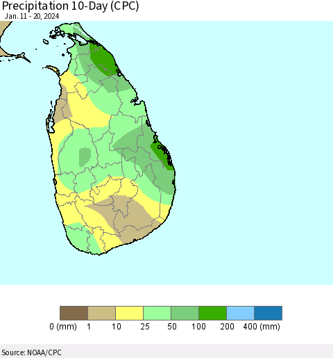 Sri Lanka Precipitation 10-Day (CPC) Thematic Map For 1/11/2024 - 1/20/2024