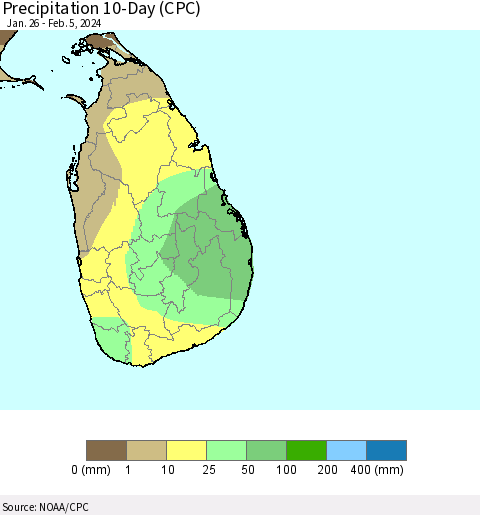 Sri Lanka Precipitation 10-Day (CPC) Thematic Map For 1/26/2024 - 2/5/2024