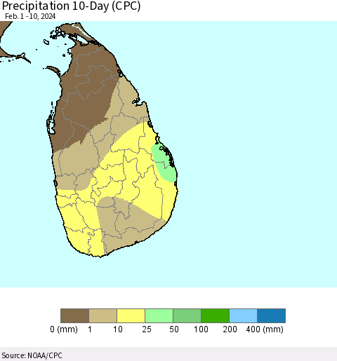 Sri Lanka Precipitation 10-Day (CPC) Thematic Map For 2/1/2024 - 2/10/2024