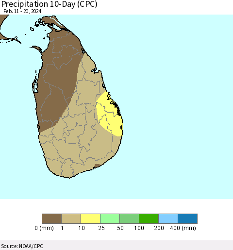 Sri Lanka Precipitation 10-Day (CPC) Thematic Map For 2/11/2024 - 2/20/2024