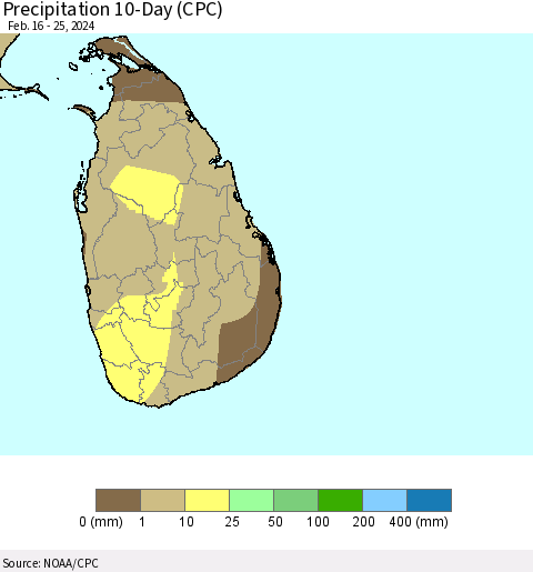 Sri Lanka Precipitation 10-Day (CPC) Thematic Map For 2/16/2024 - 2/25/2024