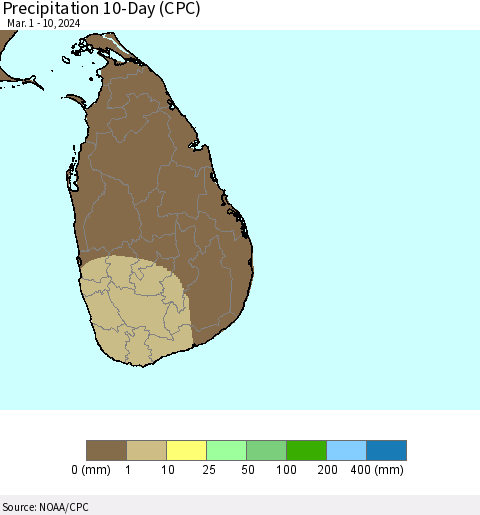 Sri Lanka Precipitation 10-Day (CPC) Thematic Map For 3/1/2024 - 3/10/2024