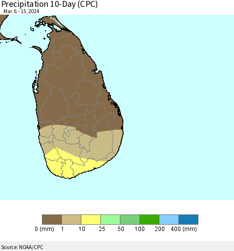 Sri Lanka Precipitation 10-Day (CPC) Thematic Map For 3/6/2024 - 3/15/2024