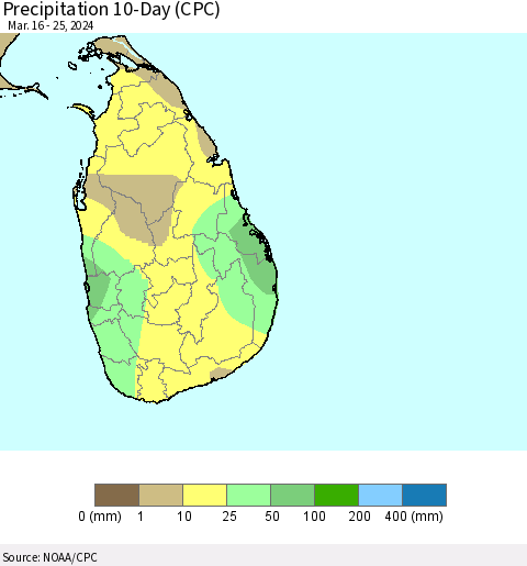 Sri Lanka Precipitation 10-Day (CPC) Thematic Map For 3/16/2024 - 3/25/2024