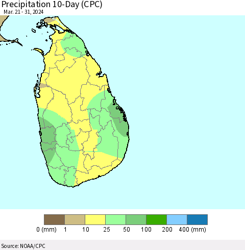 Sri Lanka Precipitation 10-Day (CPC) Thematic Map For 3/21/2024 - 3/31/2024