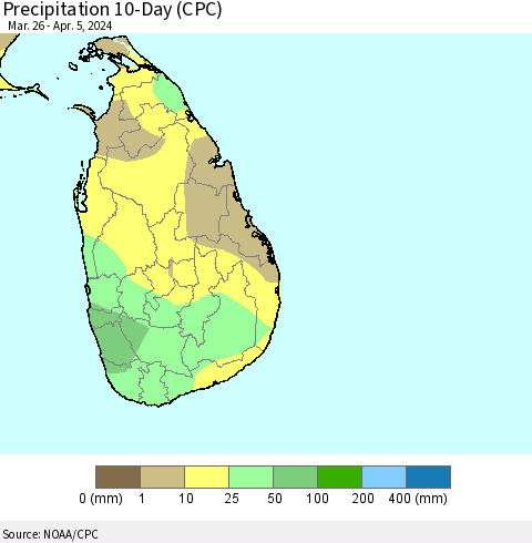 Sri Lanka Precipitation 10-Day (CPC) Thematic Map For 3/26/2024 - 4/5/2024