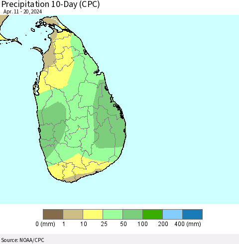 Sri Lanka Precipitation 10-Day (CPC) Thematic Map For 4/11/2024 - 4/20/2024