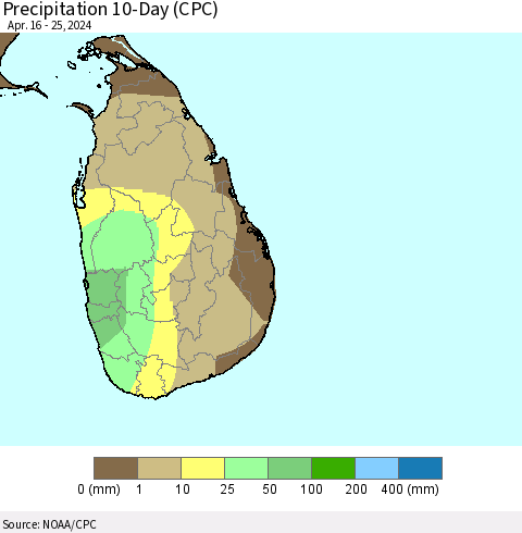 Sri Lanka Precipitation 10-Day (CPC) Thematic Map For 4/16/2024 - 4/25/2024
