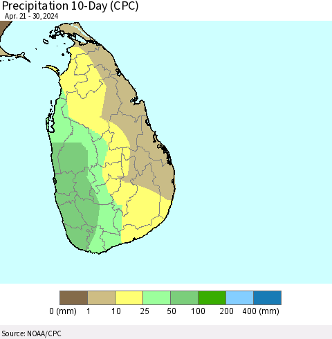 Sri Lanka Precipitation 10-Day (CPC) Thematic Map For 4/21/2024 - 4/30/2024