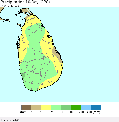 Sri Lanka Precipitation 10-Day (CPC) Thematic Map For 5/1/2024 - 5/10/2024