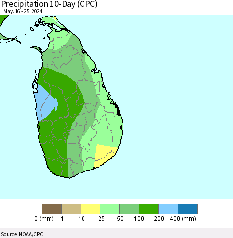 Sri Lanka Precipitation 10-Day (CPC) Thematic Map For 5/16/2024 - 5/25/2024
