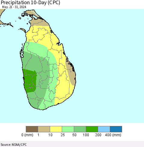 Sri Lanka Precipitation 10-Day (CPC) Thematic Map For 5/21/2024 - 5/31/2024
