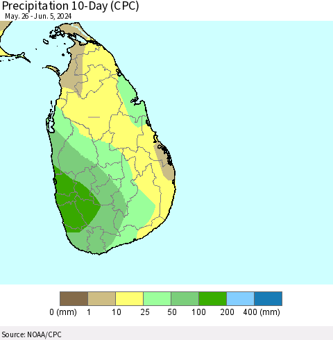 Sri Lanka Precipitation 10-Day (CPC) Thematic Map For 5/26/2024 - 6/5/2024