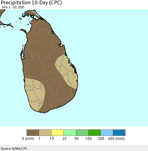 Sri Lanka Precipitation 10-Day (CPC) Thematic Map For 2/1/2025 - 2/10/2025