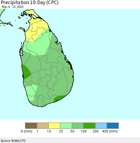 Sri Lanka Precipitation 10-Day (CPC) Thematic Map For 3/6/2025 - 3/15/2025