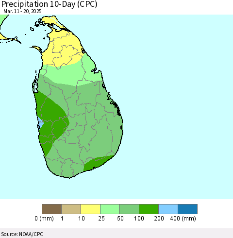 Sri Lanka Precipitation 10-Day (CPC) Thematic Map For 3/11/2025 - 3/20/2025