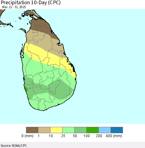 Sri Lanka Precipitation 10-Day (CPC) Thematic Map For 3/21/2025 - 3/31/2025