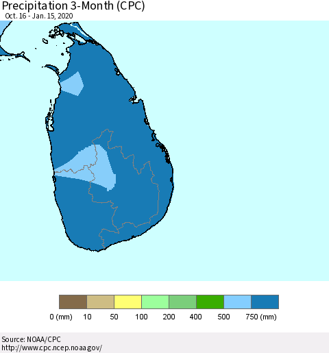 Sri Lanka Precipitation 3-Month (CPC) Thematic Map For 10/16/2019 - 1/15/2020