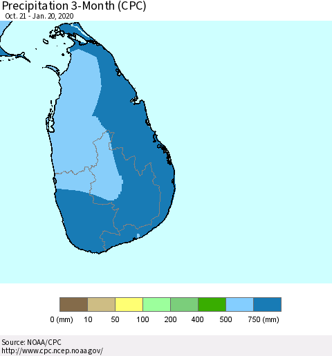 Sri Lanka Precipitation 3-Month (CPC) Thematic Map For 10/21/2019 - 1/20/2020