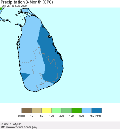 Sri Lanka Precipitation 3-Month (CPC) Thematic Map For 10/26/2019 - 1/25/2020