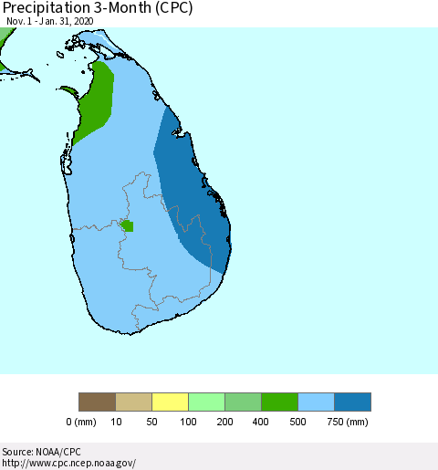 Sri Lanka Precipitation 3-Month (CPC) Thematic Map For 11/1/2019 - 1/31/2020