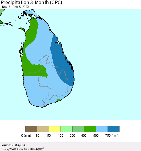 Sri Lanka Precipitation 3-Month (CPC) Thematic Map For 11/6/2019 - 2/5/2020