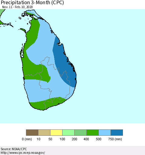 Sri Lanka Precipitation 3-Month (CPC) Thematic Map For 11/11/2019 - 2/10/2020