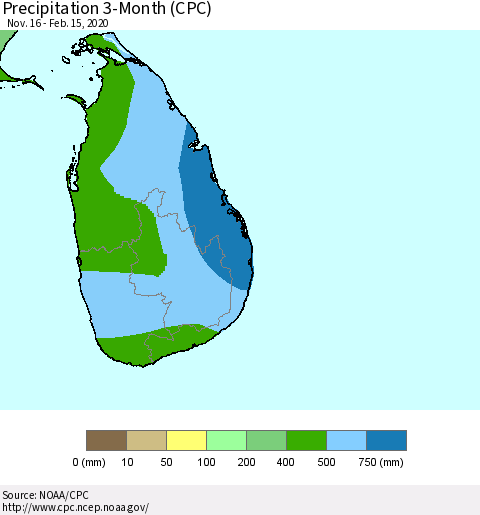 Sri Lanka Precipitation 3-Month (CPC) Thematic Map For 11/16/2019 - 2/15/2020